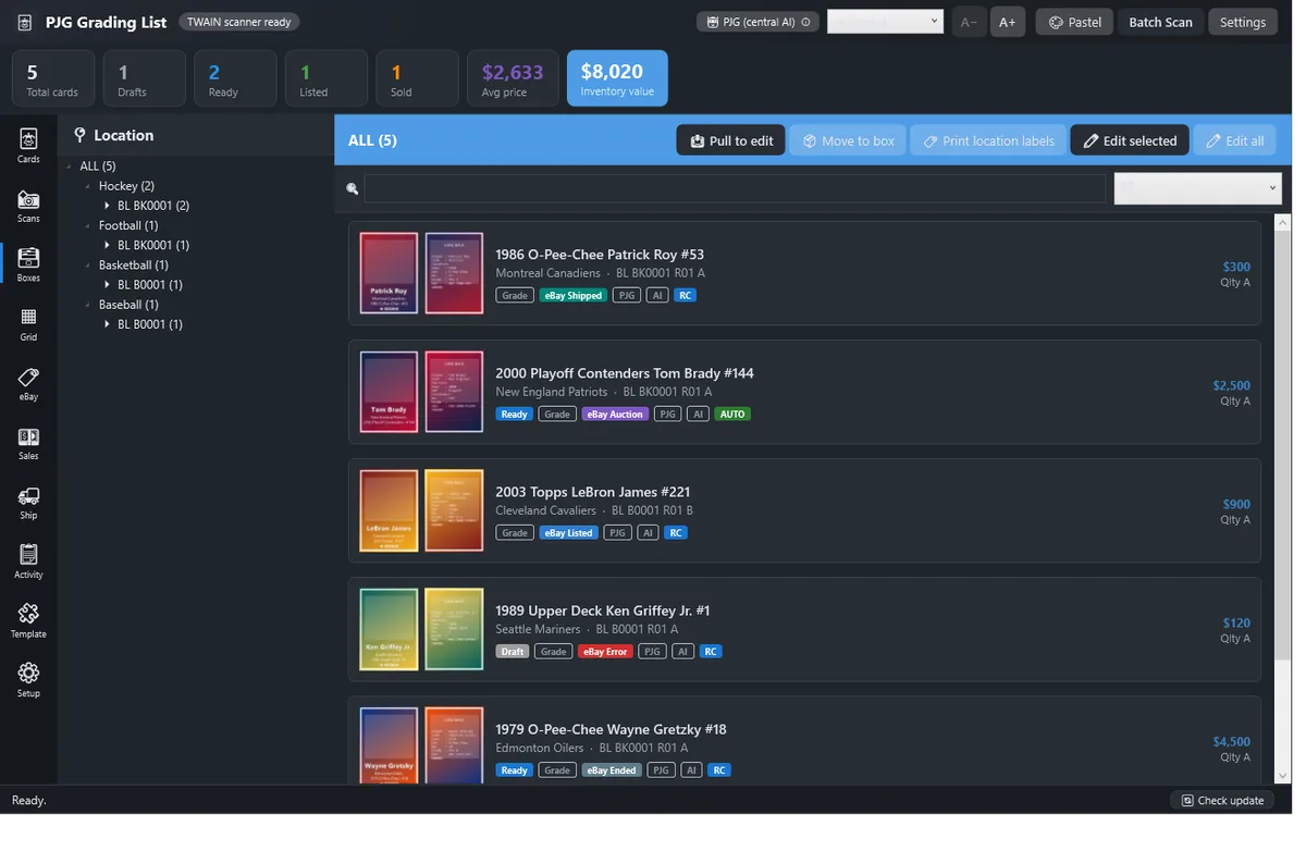 Boxes page â a location tree of boxes, rows and slots with every card's channel status