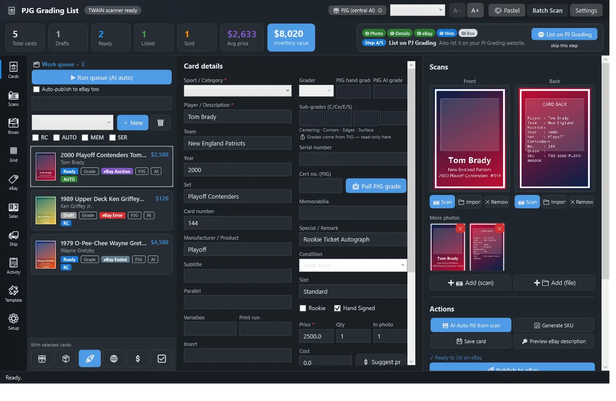 Cards workspace â card details, scans, AI auto-fill and one-click listing