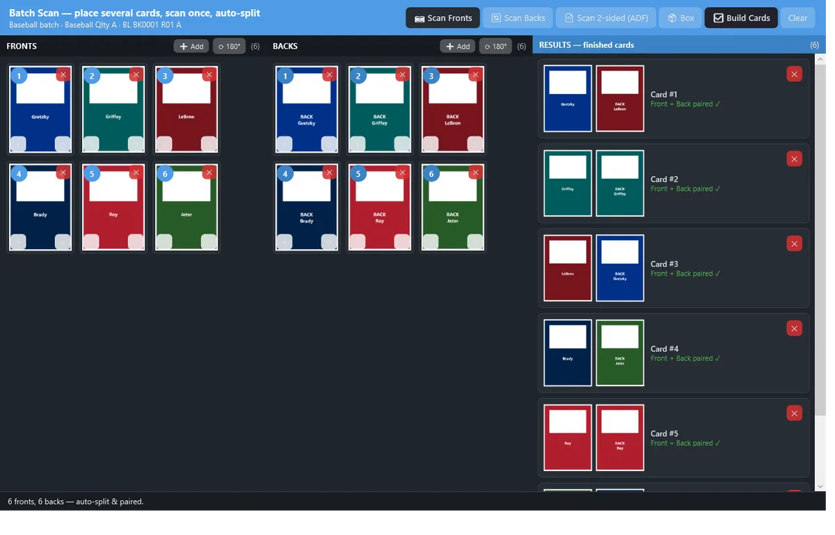 Batch Scan screen â six cards scanned at once, auto-split and paired front/back